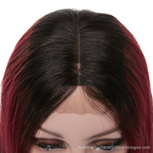 Middle Parting Cuticle Aligned Hair Straight Short Bob Wigs Dark Roots Ombre 99J Burgundy Lace Front Wig